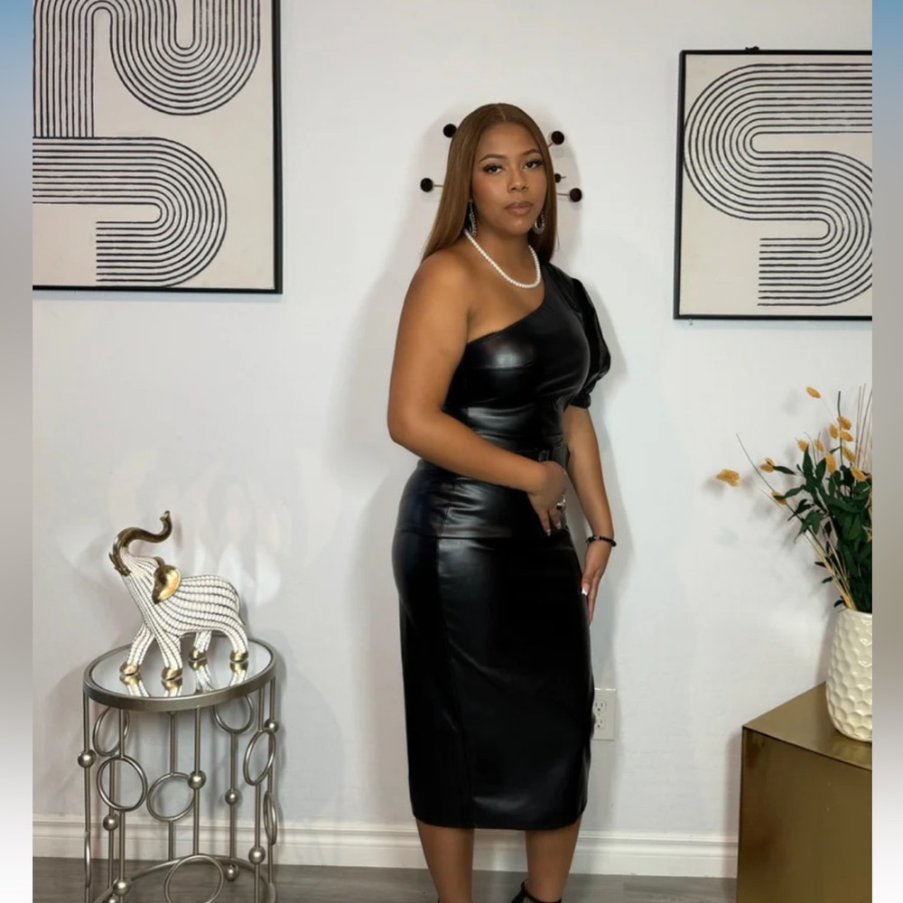One-Shoulder Black Faux Leather Midi Dress